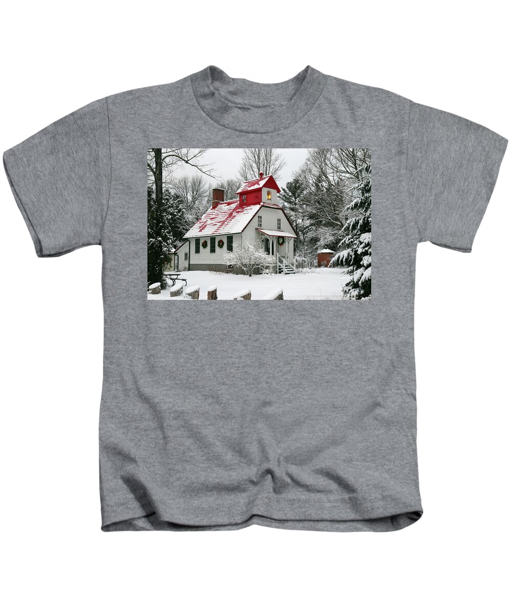 1869 Kids T-Shirt featuring the photograph Winter at the Baileys Harbor Rear Range Light by David T Wilkinson