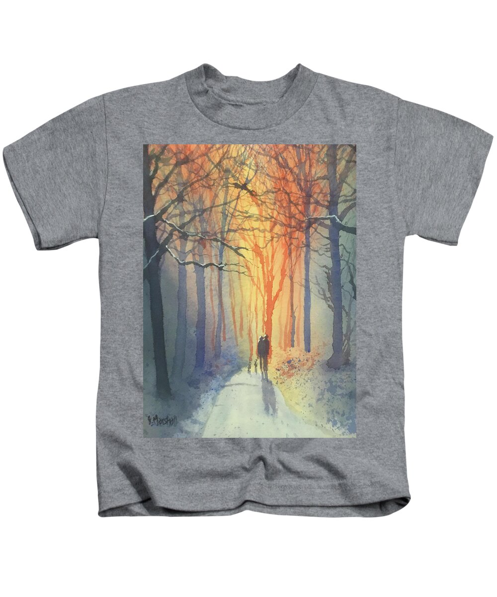 Watercolour Kids T-Shirt featuring the painting Winter Walk in Sledmere Woods by Glenn Marshall