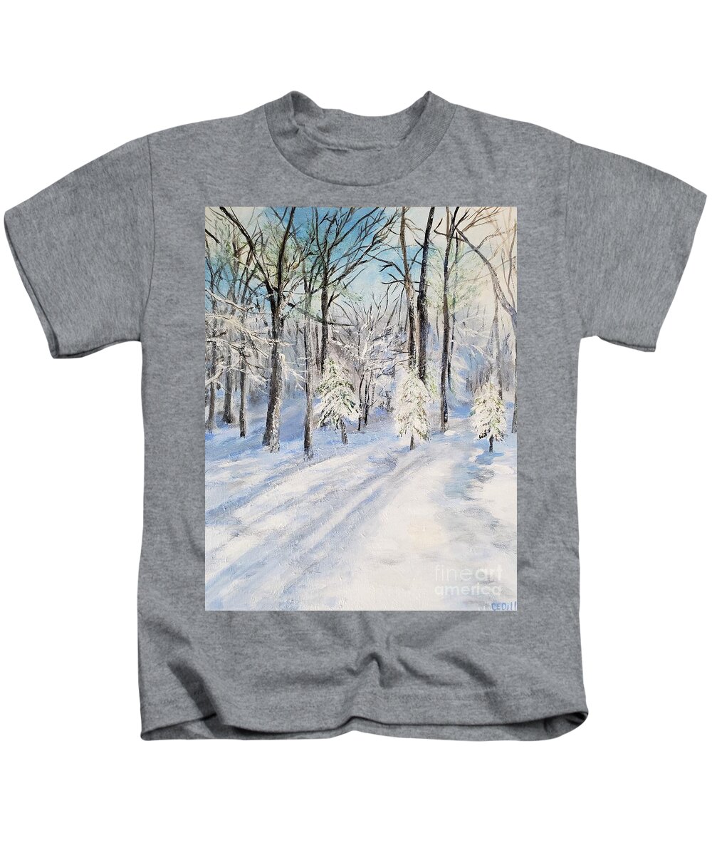 Blue Kids T-Shirt featuring the painting Wintry Delight by C E Dill
