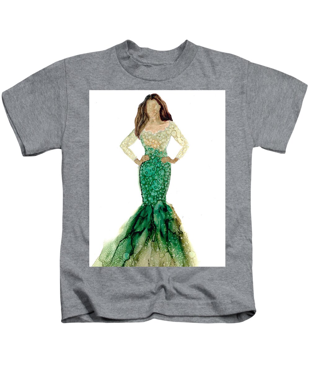 Woman Kids T-Shirt featuring the painting Woman green mermaid dress by Joyce Clark