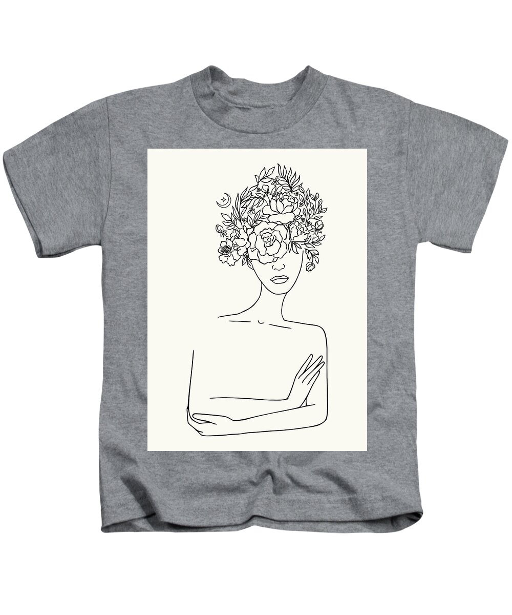 Drawing Kids T-Shirt featuring the drawing Woman With Floral Head Minimal Line Art by Maria Heyens