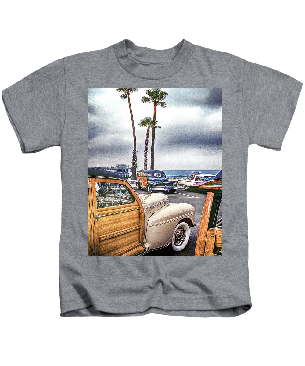 Pier Kids T-Shirt featuring the photograph WOODIES AT THE PIER, Newport Beach, California by Don Schimmel