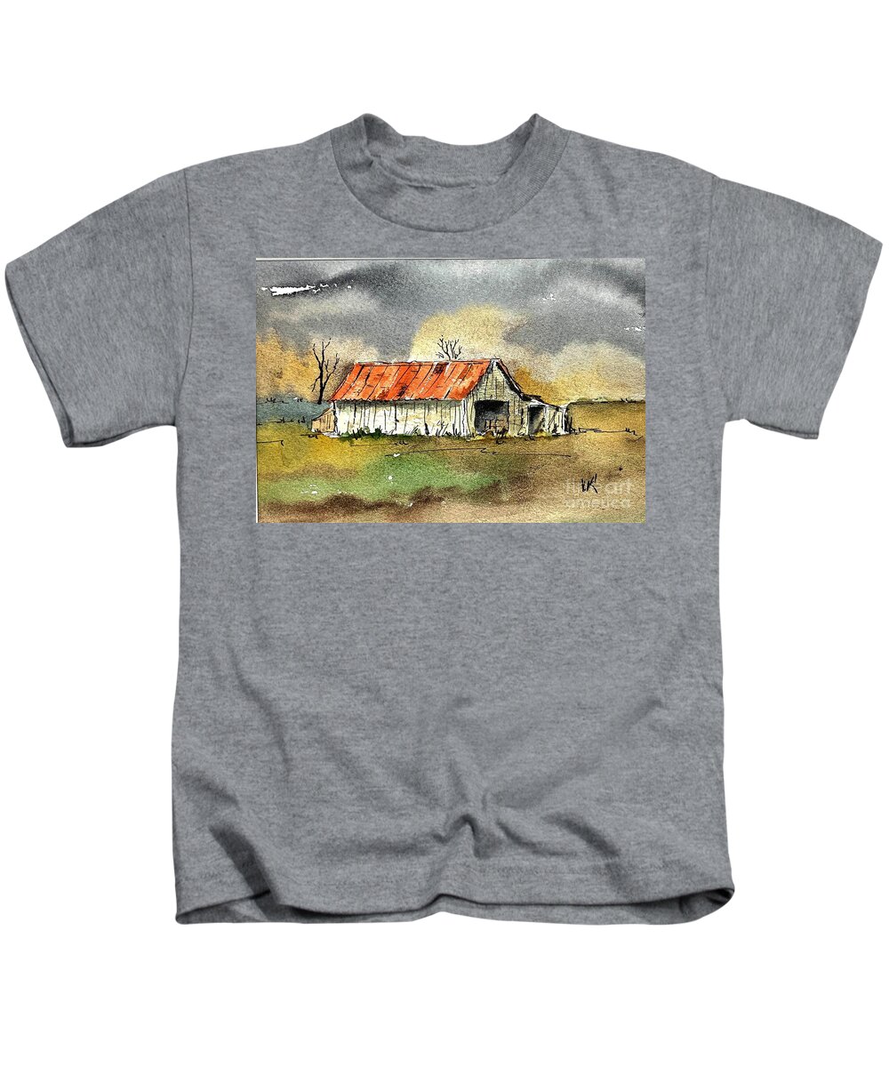 Old Barn And Shed. Watercolor Kids T-Shirt featuring the painting Worn out by William Renzulli