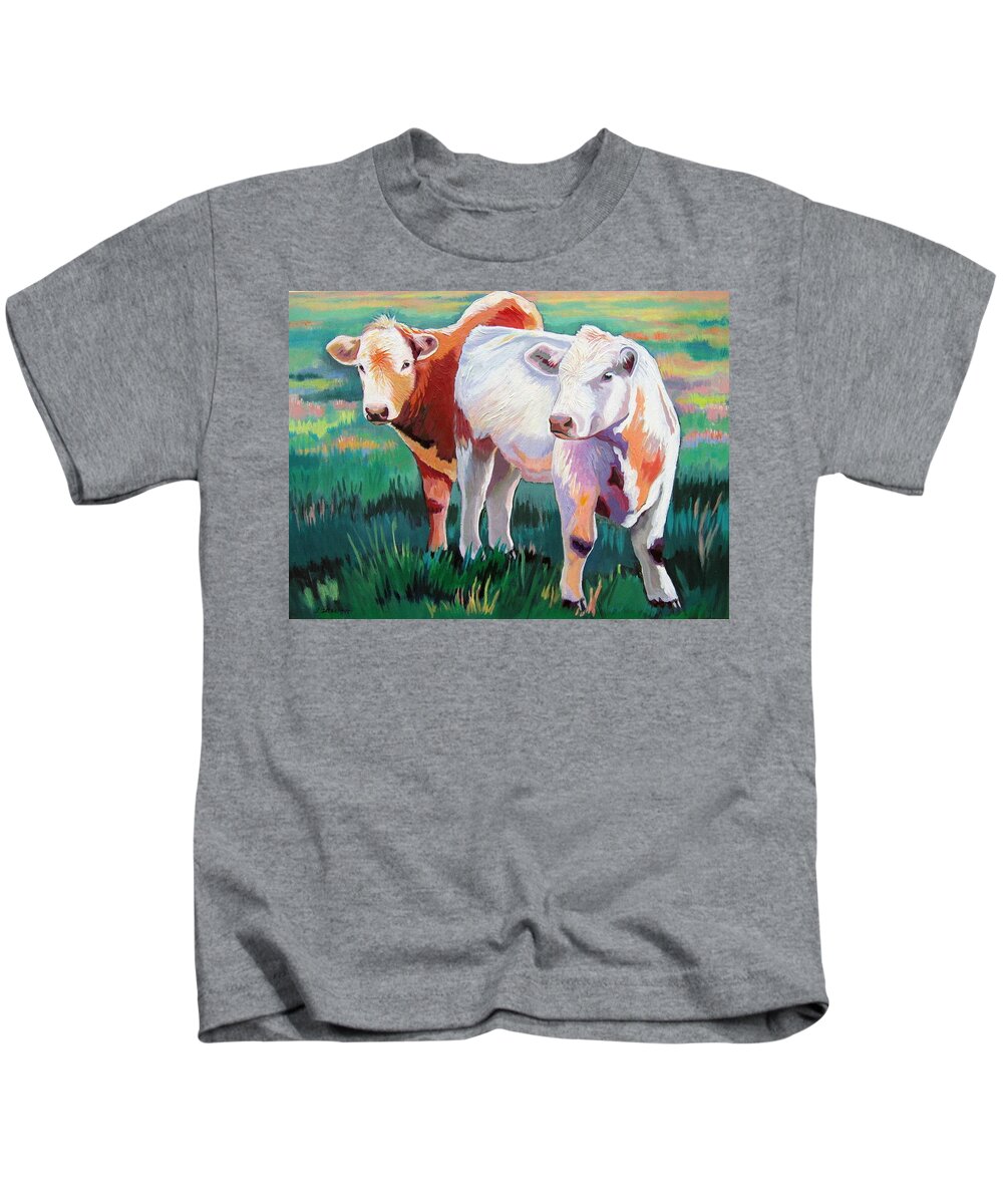Cows Kids T-Shirt featuring the painting Young Cows by Shirley Galbrecht