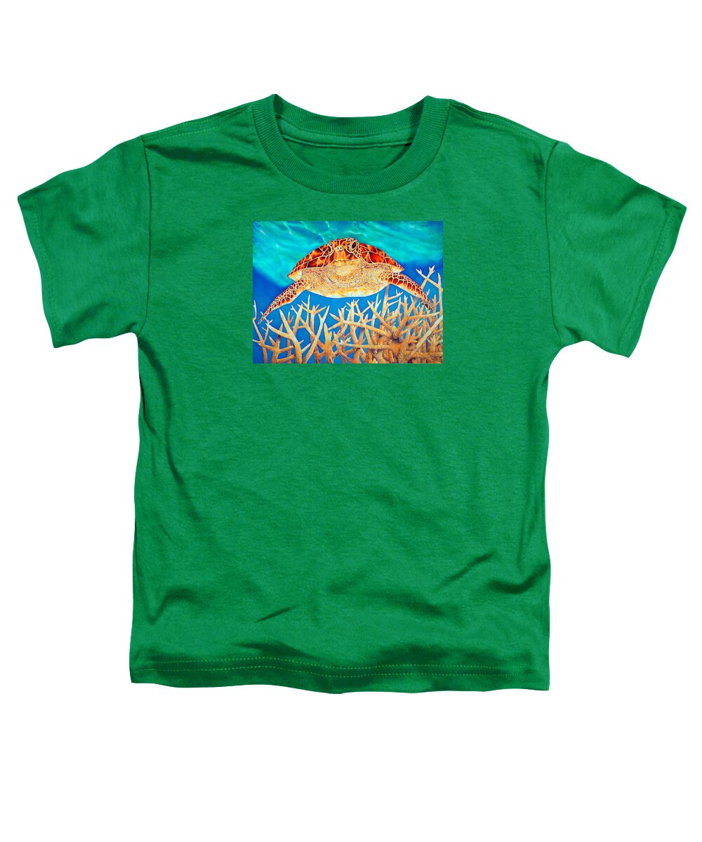 Sea Turtle Toddler T-Shirt featuring the painting Sea Turtle Soaring over Staghorn by Daniel Jean-Baptiste