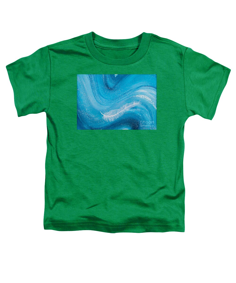 Feather Toddler T-Shirt featuring the painting White spiritual feather on pale blue wave by Carolyn Bennett by Simon Bratt