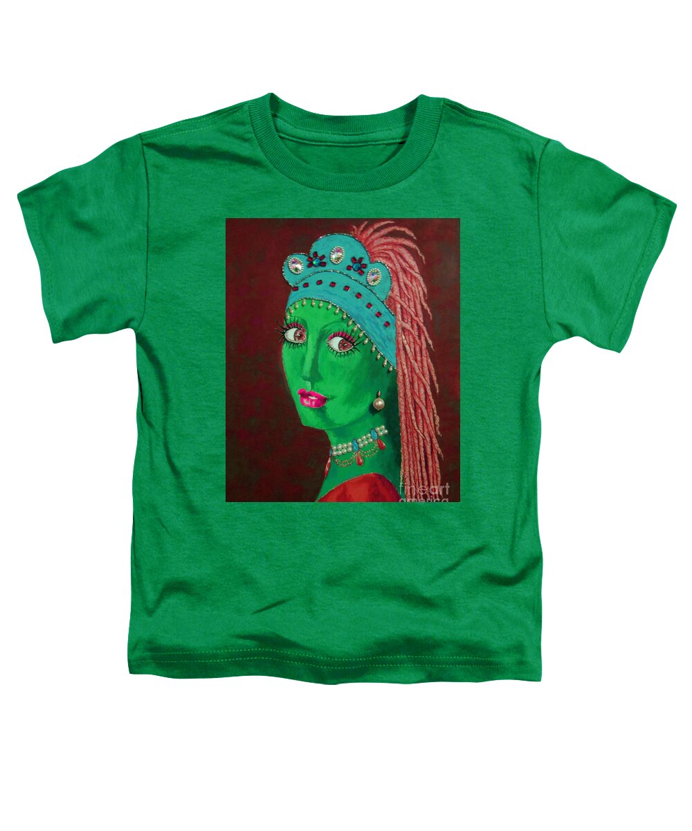 Iconic Painting Toddler T-Shirt featuring the painting Belly Dancer With a Pearl Earring -- Red Background by Jayne Somogy