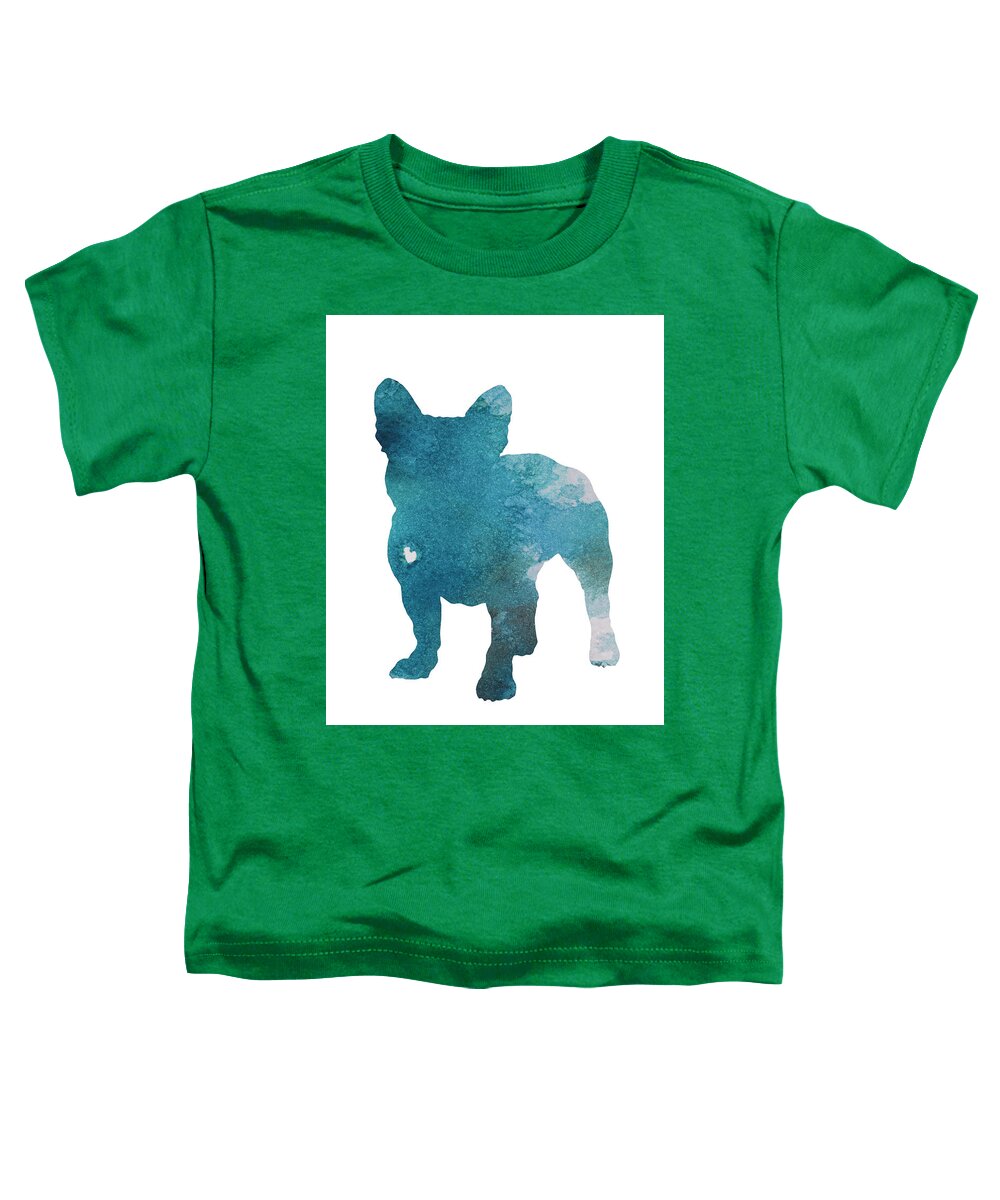  Drawing & Illustration Toddler T-Shirt featuring the painting French Bulldog Silhouette Blue Kids Play Room Decor, Turquoise Frenchie Print Nursery Boy Room Art by Joanna Szmerdt