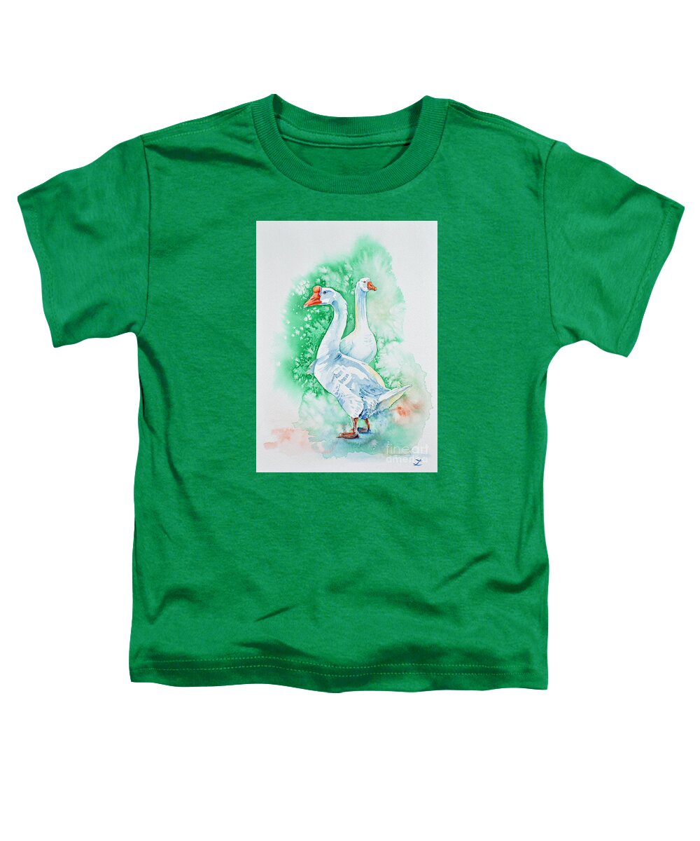 Geese Toddler T-Shirt featuring the painting White Geese by Zaira Dzhaubaeva
