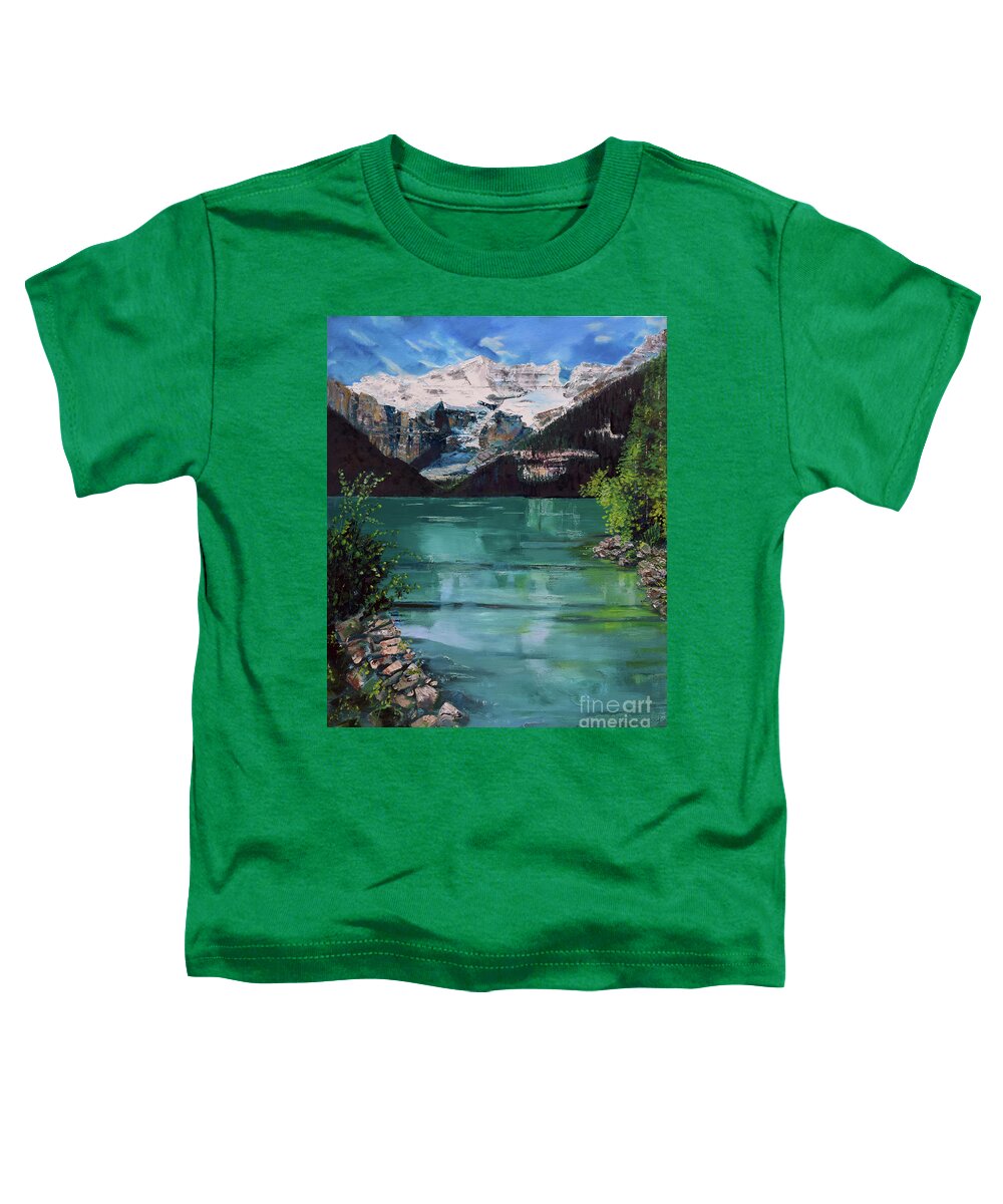 Lake Louise Toddler T-Shirt featuring the painting Reflections at Lake Louise by Jan Dappen