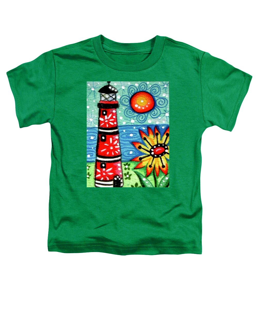 Whimsical Toddler T-Shirt featuring the painting Red Whimsical Lighthouse by Monica Resinger