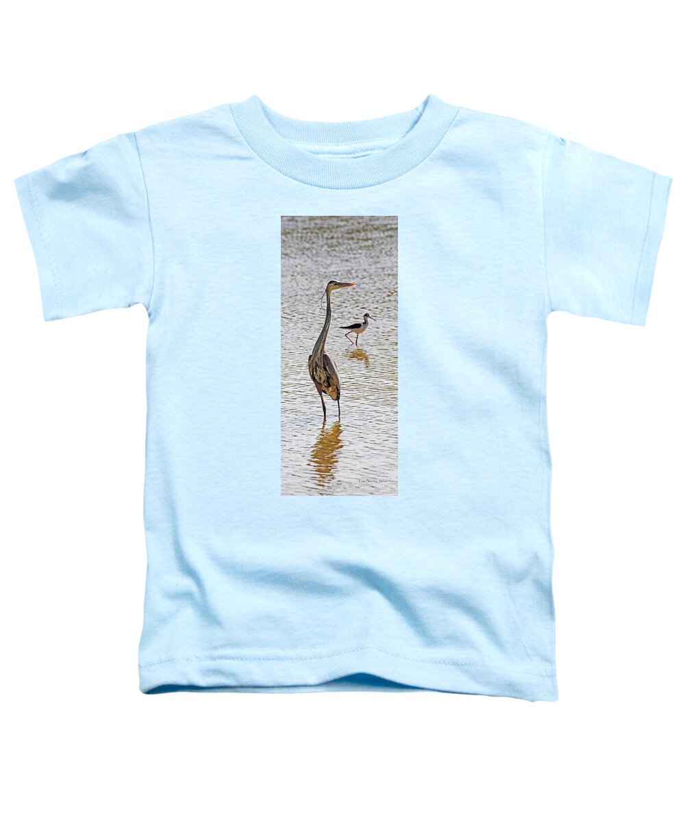 Blue Heron And Stilt Toddler T-Shirt featuring the photograph Blue Heron And Stilt #1 by Tom Janca