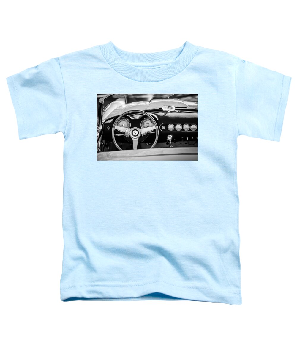1963 Ferrari Steering Wheel Toddler T-Shirt featuring the photograph 1963 Ferrari Steering Wheel -0274bw by Jill Reger