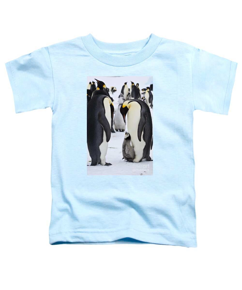 Emperor Penguin Toddler T-Shirt featuring the photograph Emperor Penguins With Chick On Feet #7 by Greg Dimijian