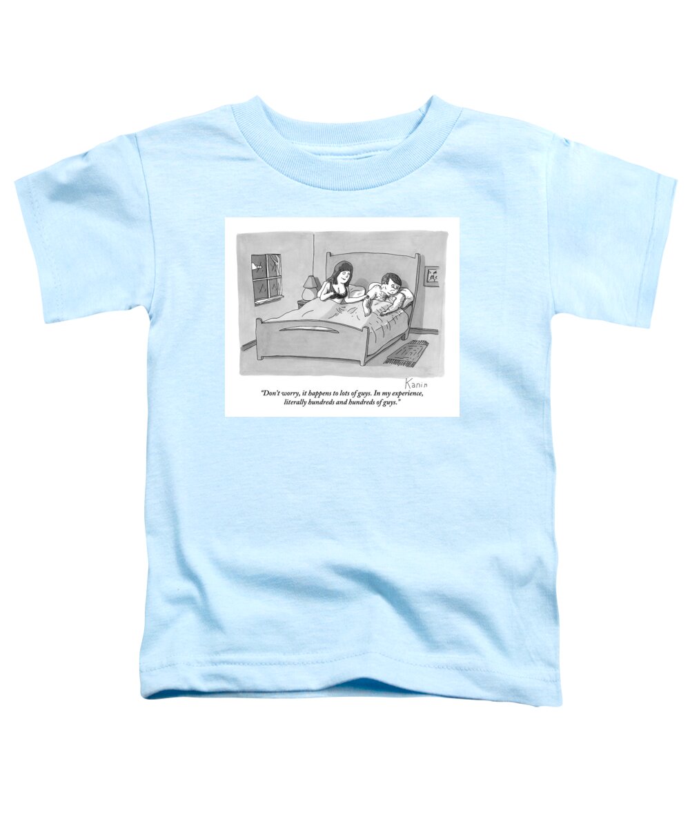 Bedroom Scenes Toddler T-Shirt featuring the drawing A Woman And Man Are In Bed. The Woman Consoles by Zachary Kanin