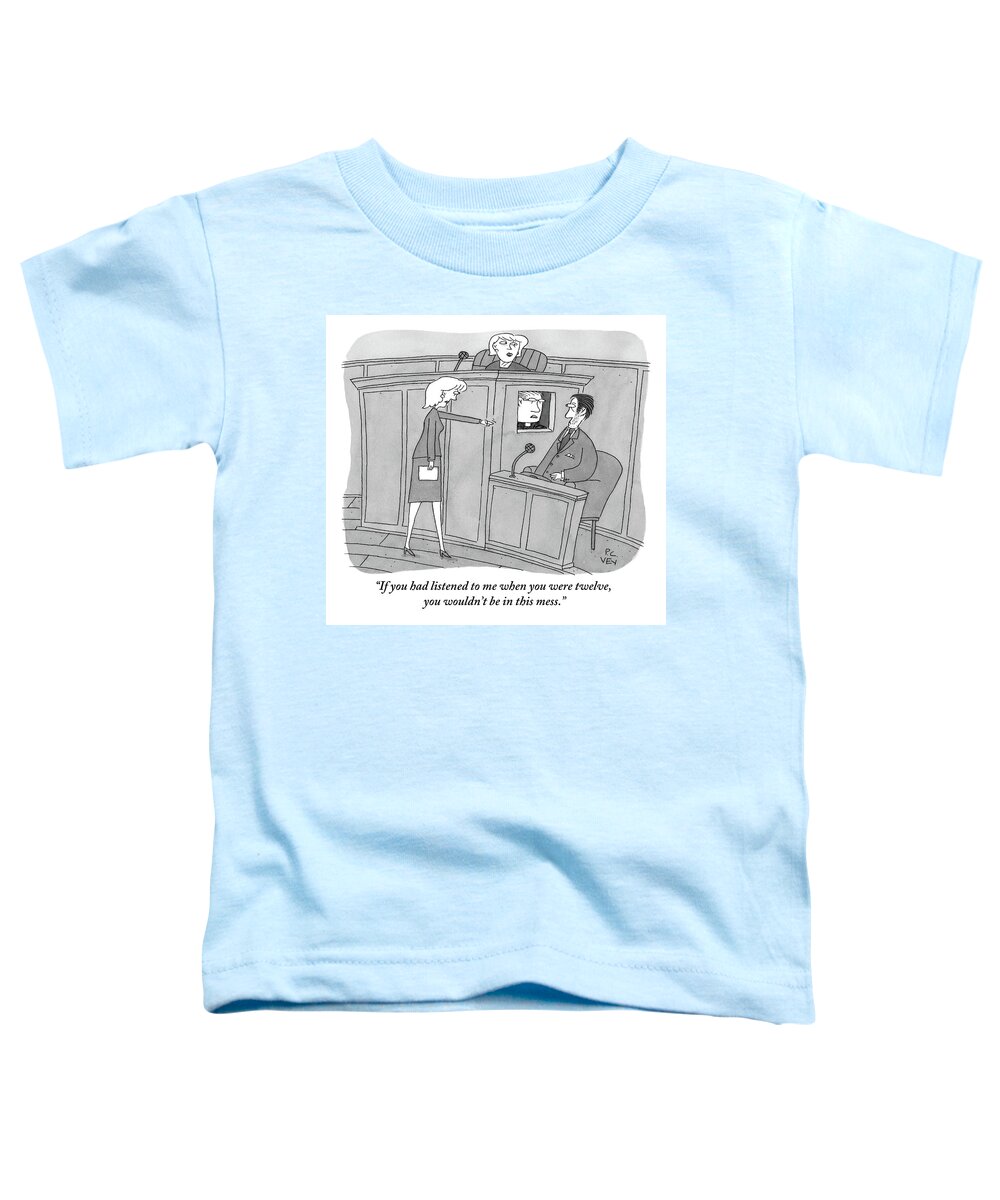 Courtroom Scenes Toddler T-Shirt featuring the drawing A Woman Points To A Man In A Court Room. Next by Peter C. Vey