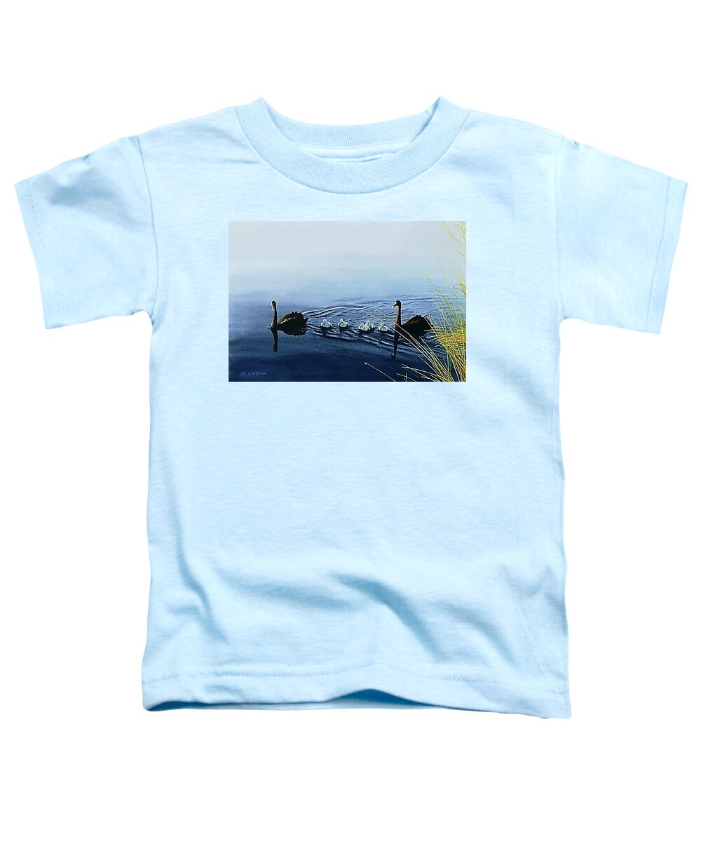 Black Swans Toddler T-Shirt featuring the painting Black Swans by Hartmut Jager