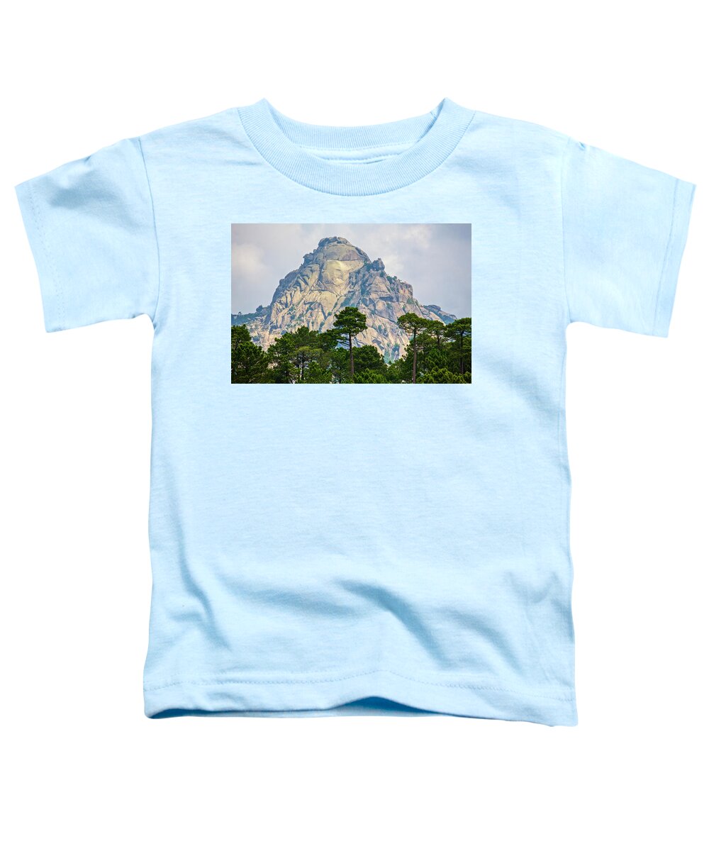 Alta Rocca Toddler T-Shirt featuring the photograph Dramatic Mountain Peak Fringed By Forest by Chris Caldicott