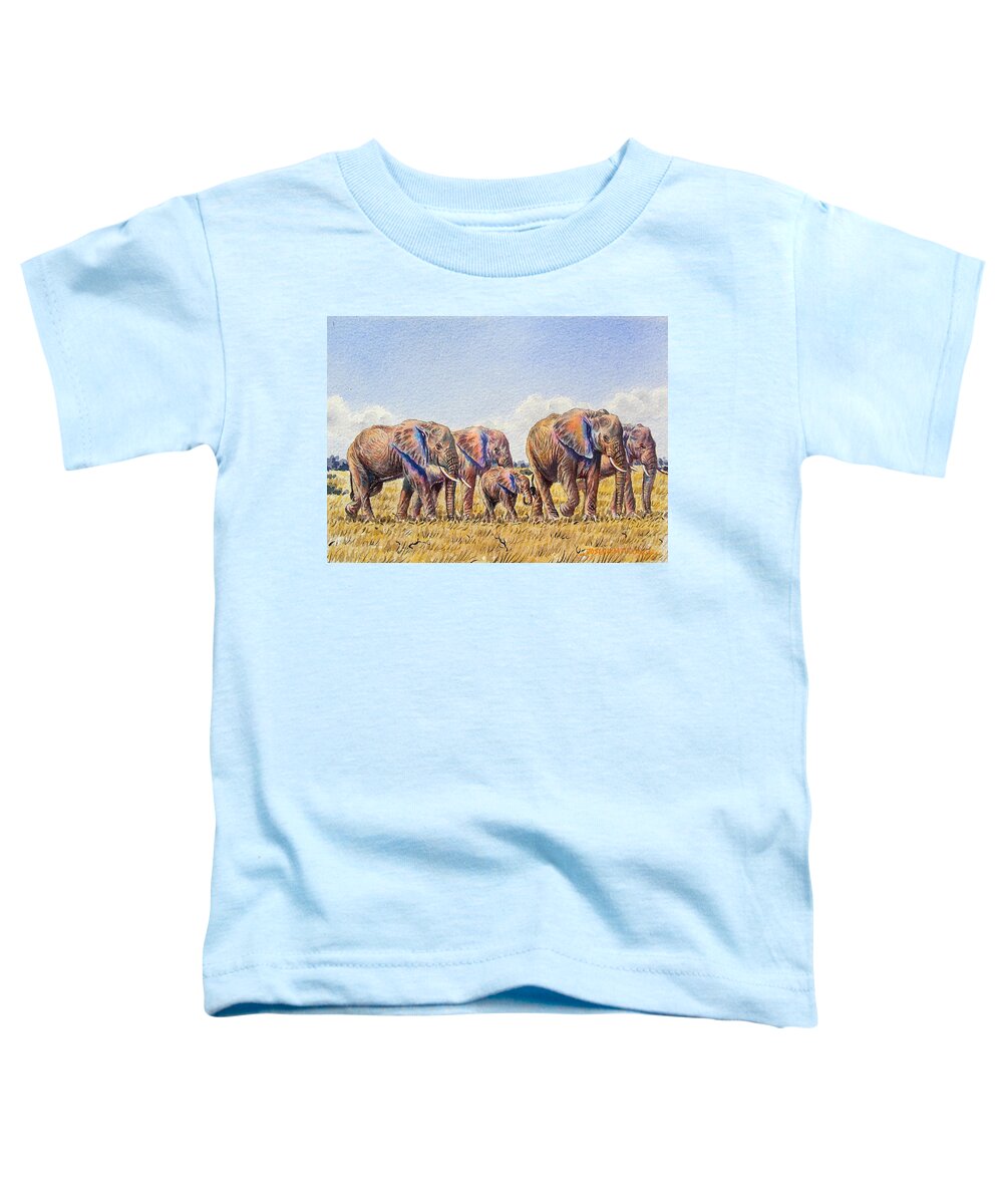 African Paintings Toddler T-Shirt featuring the painting Elephants Walking by Joseph Thiongo