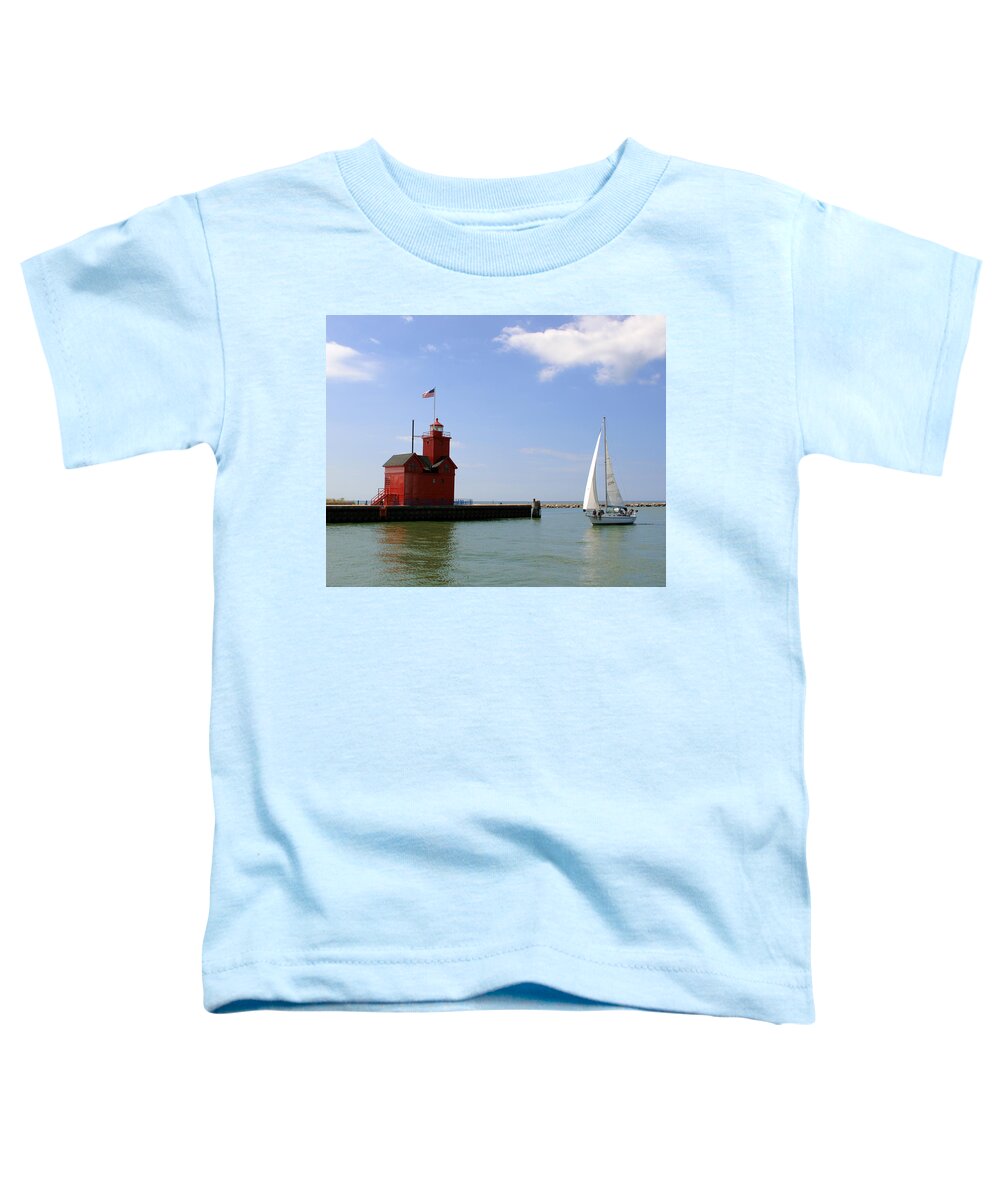 Light Toddler T-Shirt featuring the photograph Holland Harbor Lighthouse with Sailboat by George Jones