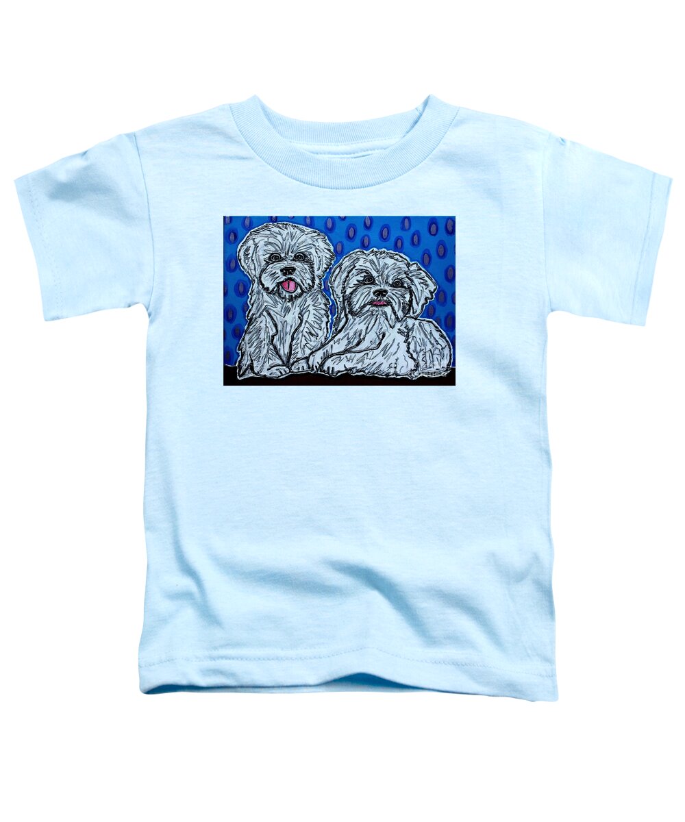 Maltese Toddler T-Shirt featuring the painting Maltese Duo Blue BG by Cynthia Snyder