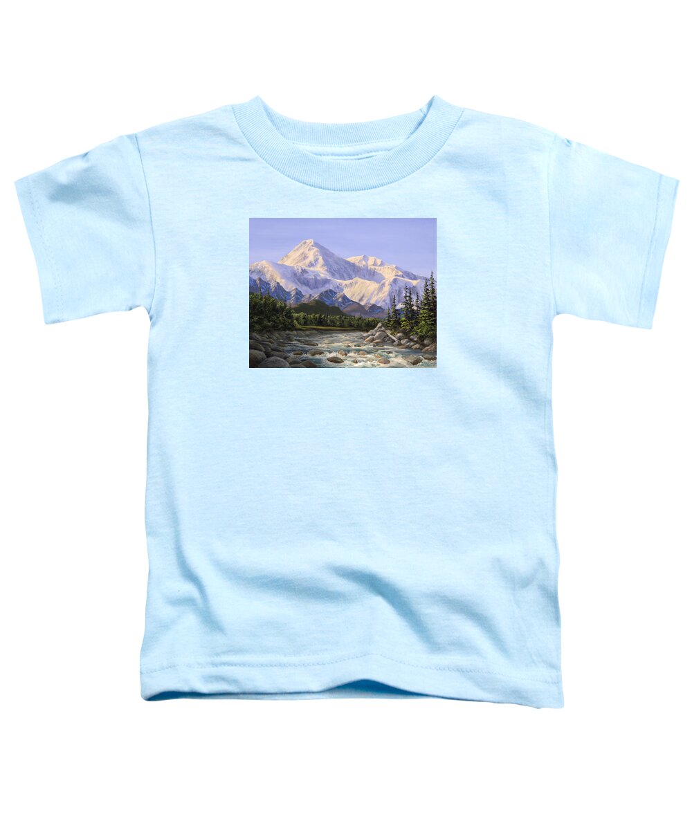 Alaska Landscape Toddler T-Shirt featuring the painting Majestic Denali Mountain Landscape - Alaska Painting - Mountains and River - Wilderness Decor by K Whitworth