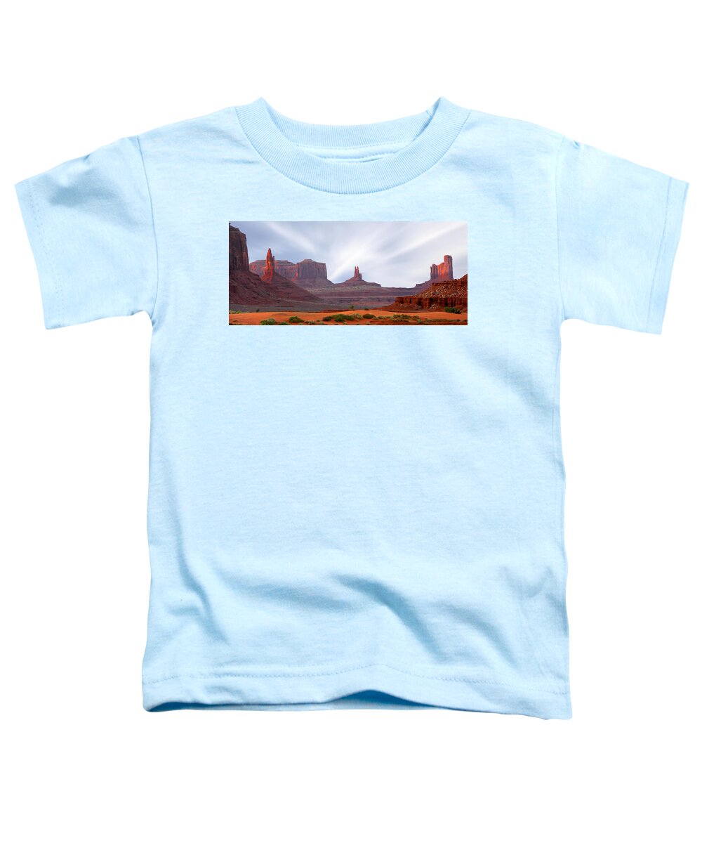 Desert Toddler T-Shirt featuring the photograph Monument Valley at Sunset Panoramic by Mike McGlothlen