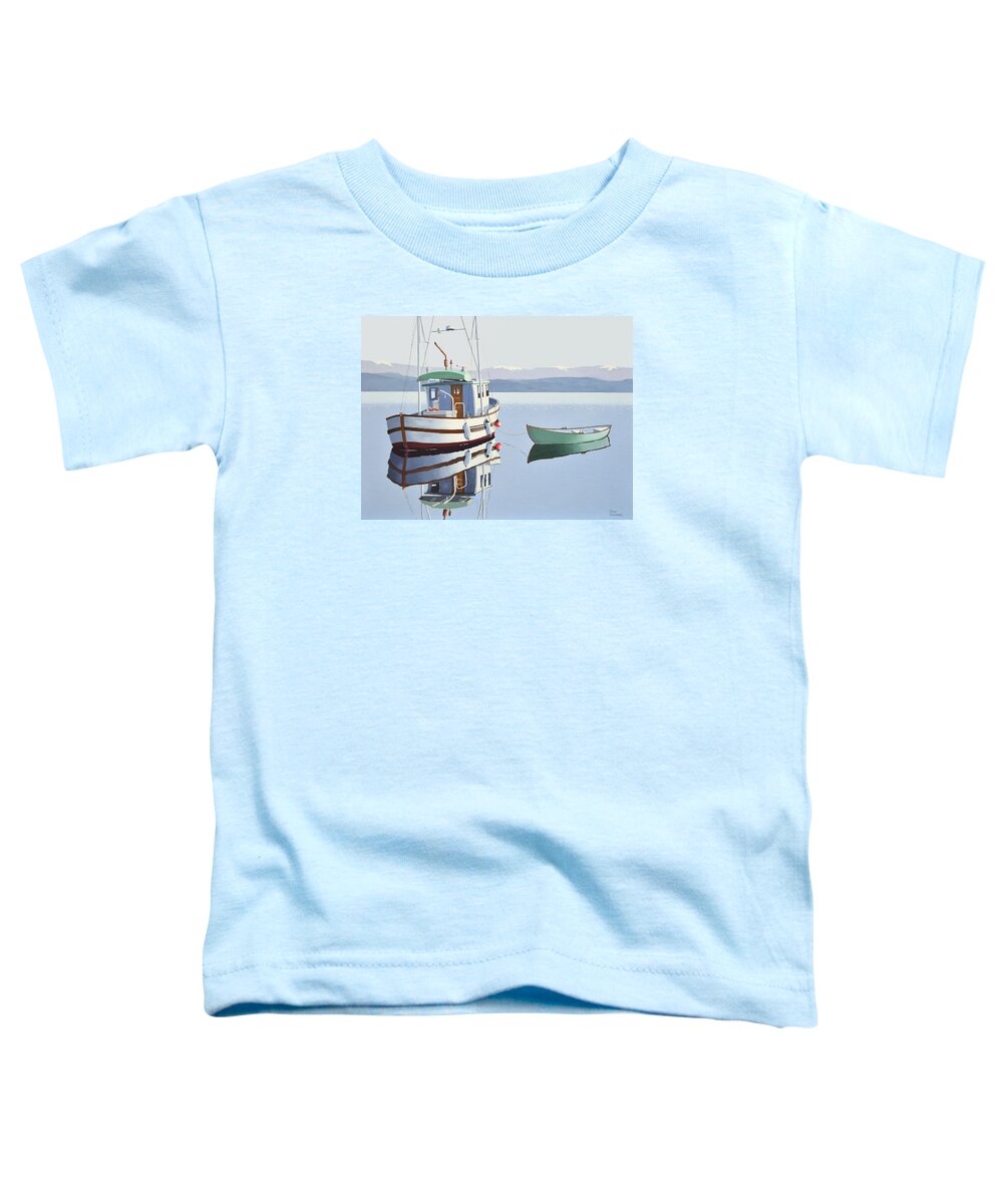 Fishing Boat Toddler T-Shirt featuring the painting Morning calm-fishing boat with skiff by Gary Giacomelli