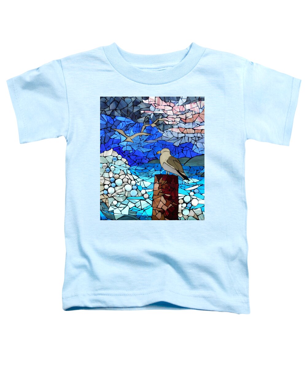 Sea Gull Toddler T-Shirt featuring the glass art Mosaic Stained Glass - Three's a crowd by Catherine Van Der Woerd
