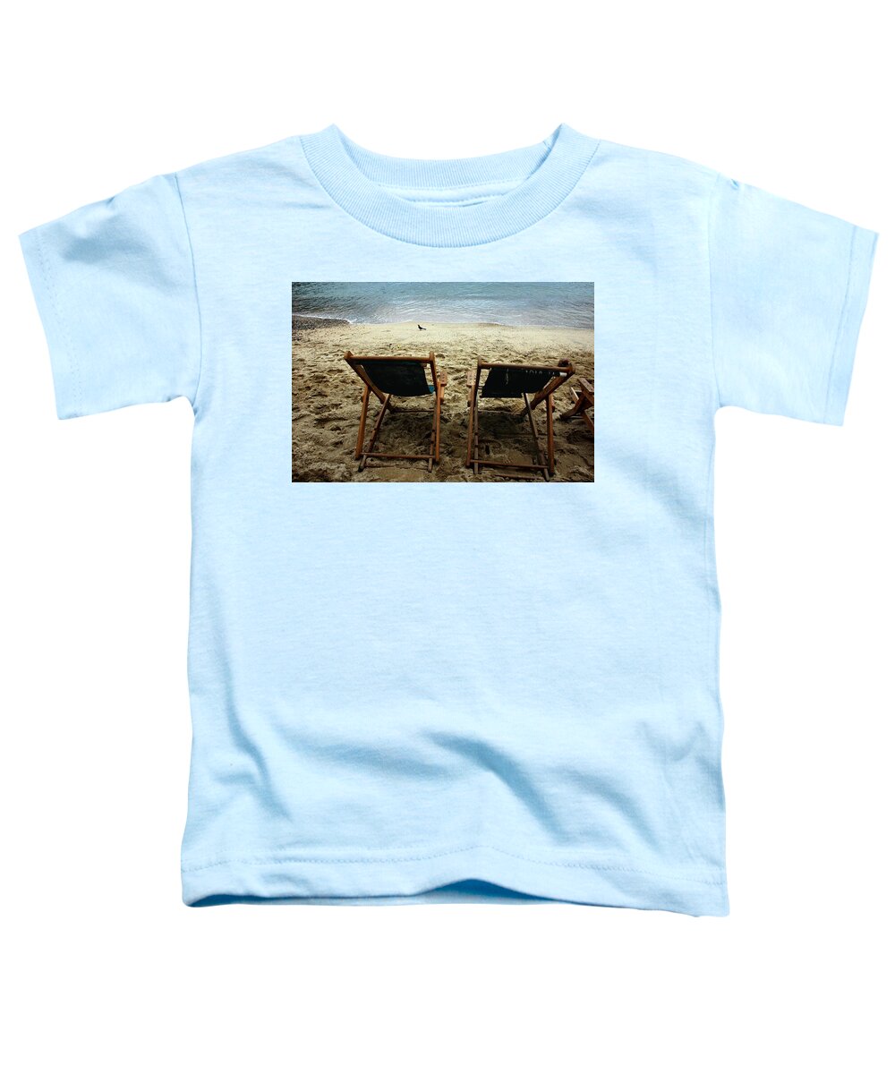 Favorite Sitting Spots Toddler T-Shirt featuring the digital art Beach Chairs For Two And A Bird by Pamela Smale Williams