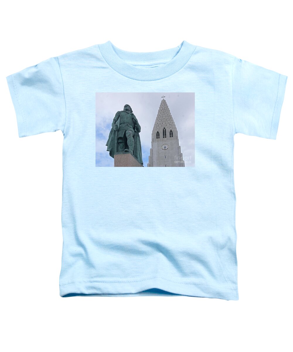 Iceland Toddler T-Shirt featuring the photograph Reykjavik Iceland Hallgrimskirkja and Leif Eriksson monument by Rudi Prott