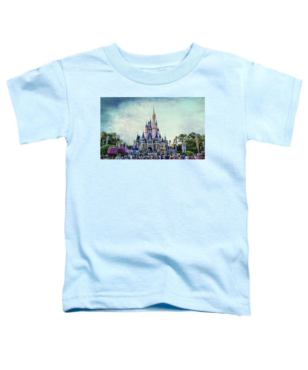 Castle Toddler T-Shirt featuring the photograph The Magic Kingdom Castle Disney World On A Beautiful Summer Day Textured Sky by Thomas Woolworth
