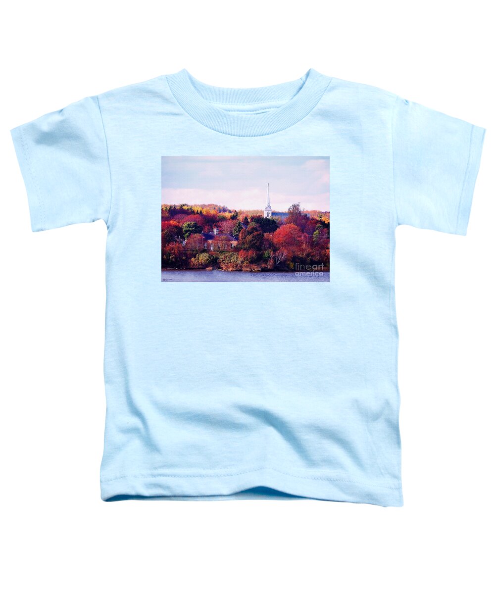 Autumn Toddler T-Shirt featuring the photograph Autumn Church Across The River by Pat Davidson