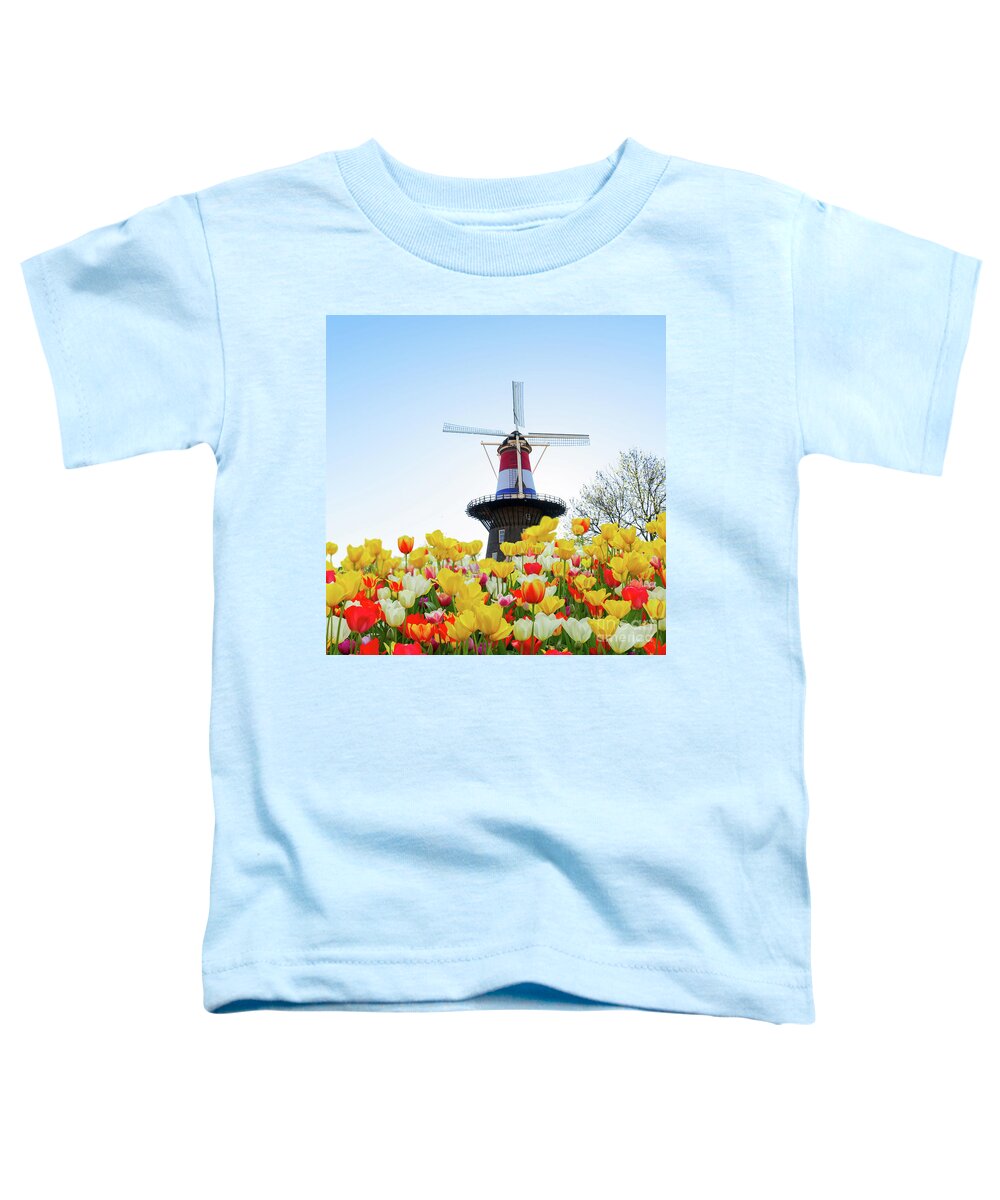 Amsterdam Toddler T-Shirt featuring the photograph Dutch Windmill with Netherlands Flag by Anastasy Yarmolovich
