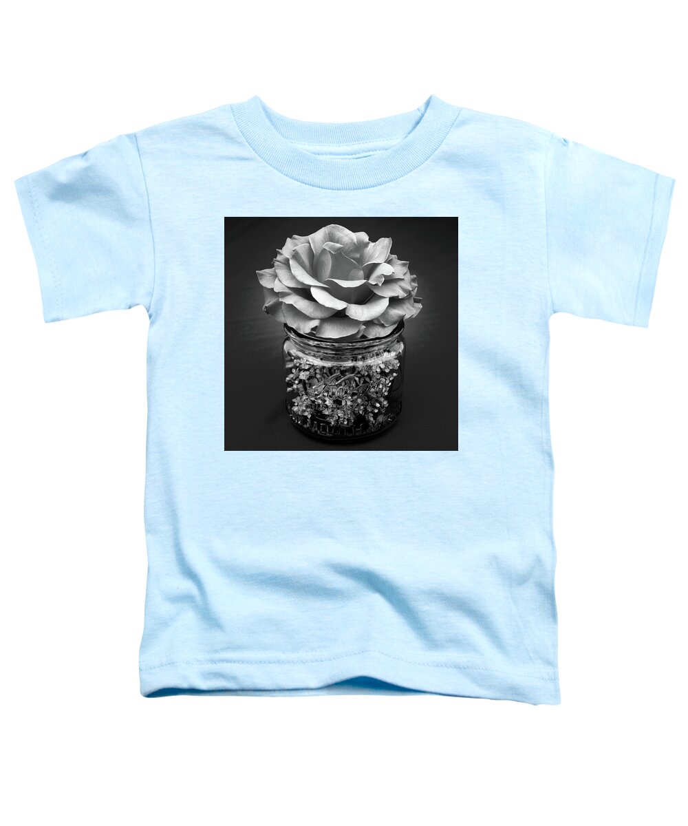 Rose Toddler T-Shirt featuring the photograph Black and White Rose Antique Mason Jar 2 by Kathy Anselmo