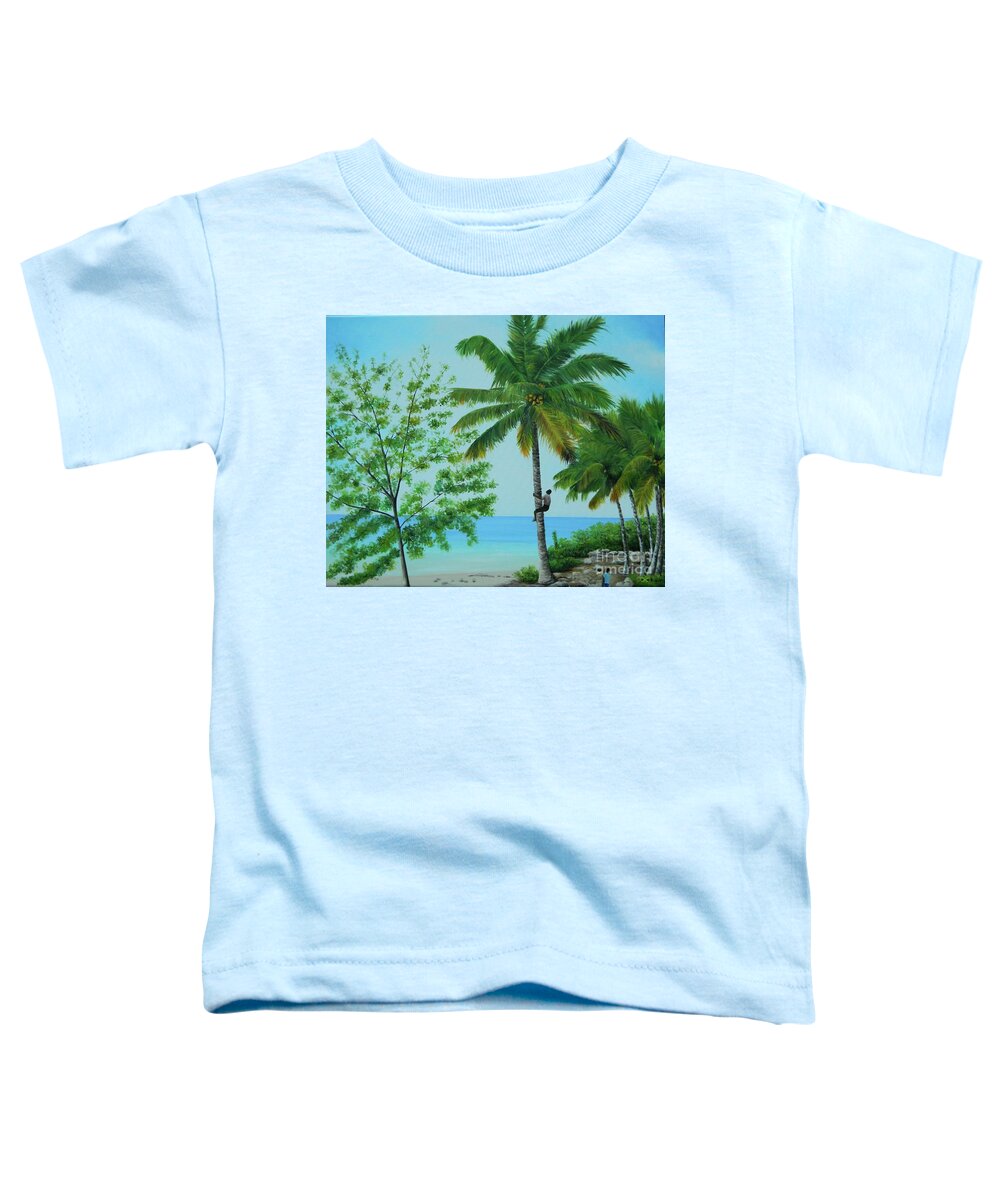 Tropical Landscape Toddler T-Shirt featuring the painting Boy Climbing Coconut Tree by Kenneth Harris