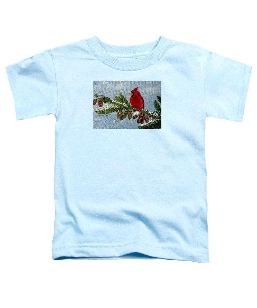 Cardinal Toddler T-Shirt featuring the painting Cardinal on Snowy Branch by Julie Brugh Riffey