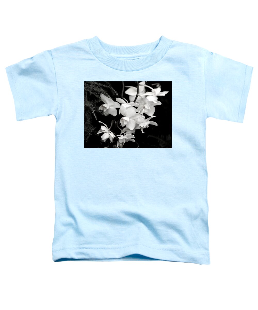 Nature Toddler T-Shirt featuring the photograph Cascading Orchids in Black and White by Sheila Brown