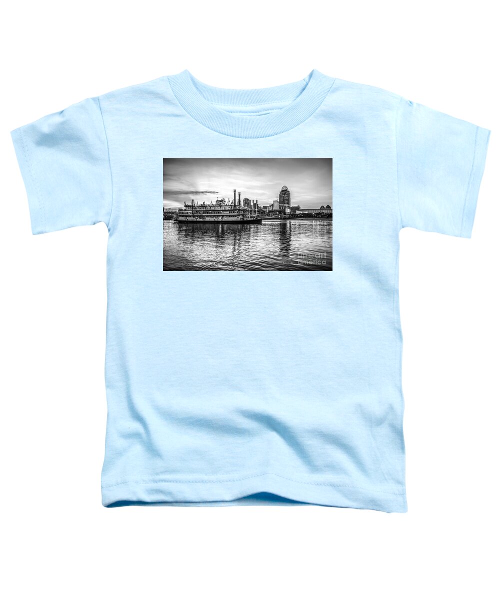 America Toddler T-Shirt featuring the photograph Cincinnati Skyline and Riverboat in Black and White by Paul Velgos