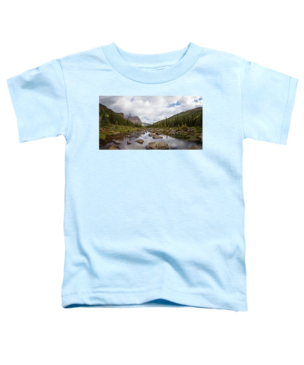 Joan Carroll Toddler T-Shirt featuring the photograph Consolation Lake Banff by Joan Carroll