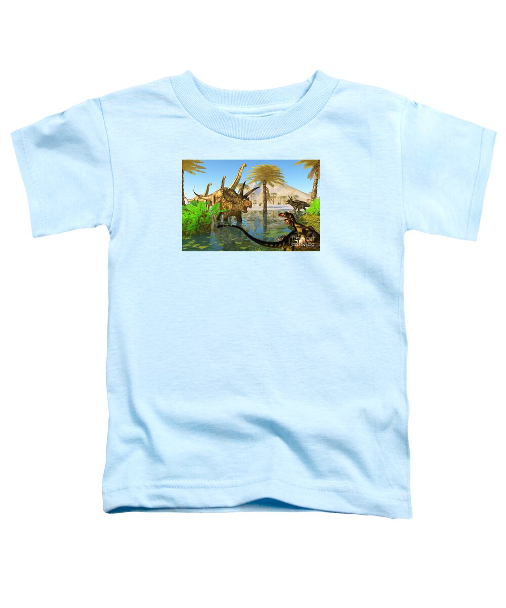 Coahuilaceratops Toddler T-Shirt featuring the painting Cretaceous Swamp by Corey Ford