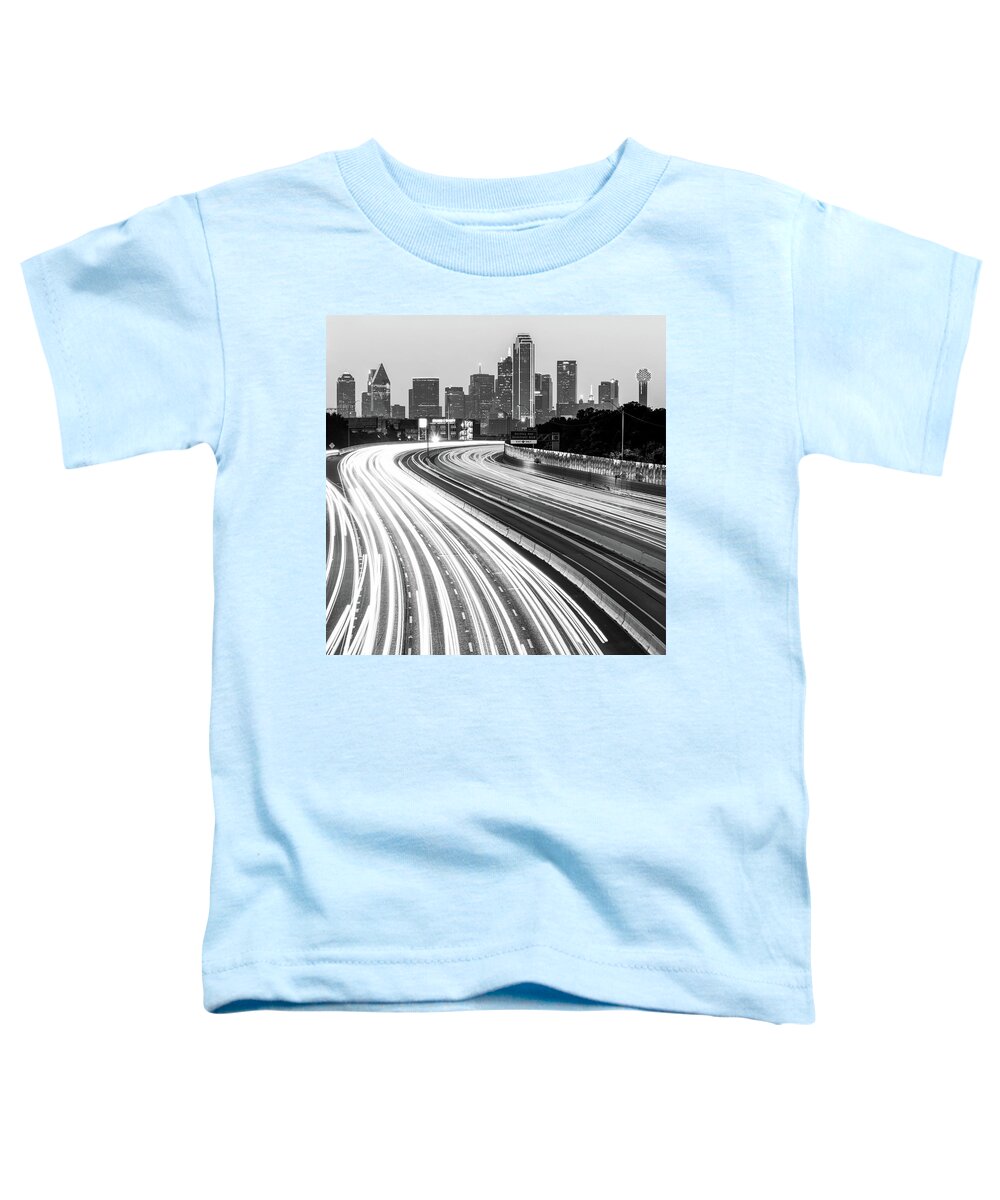 America Toddler T-Shirt featuring the photograph Dallas Skyline Traffic Black and White - Square 1x1 Format by Gregory Ballos