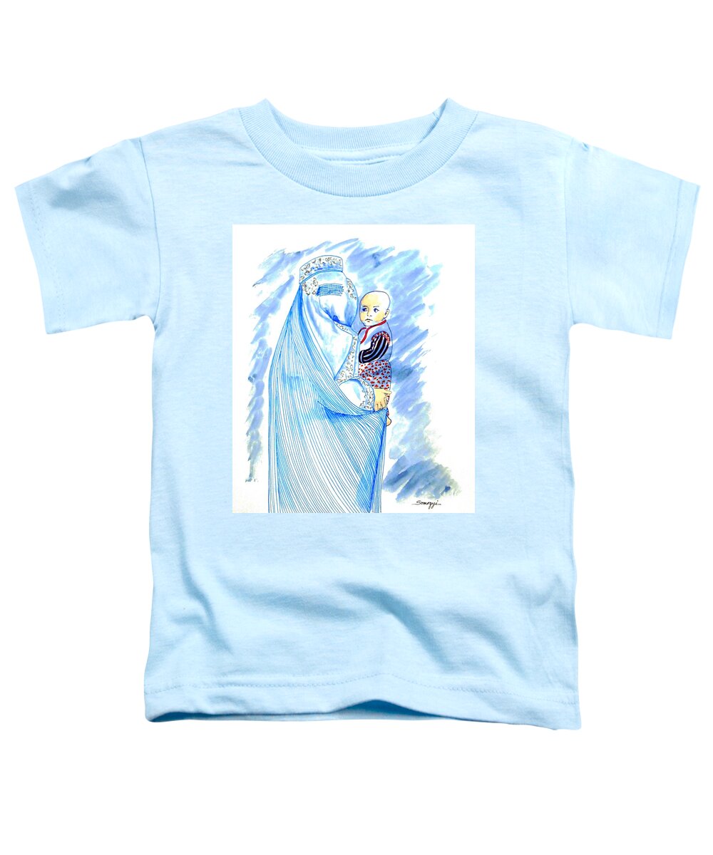 Afghanistan Toddler T-Shirt featuring the painting Embroidered Blue Lady-Cage -- Woman in Burka by Jayne Somogy