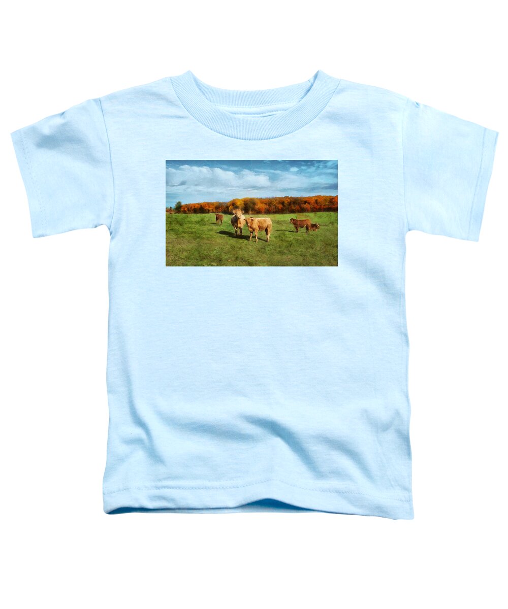 Fields Toddler T-Shirt featuring the digital art Farm Field and Brown Cows by JGracey Stinson