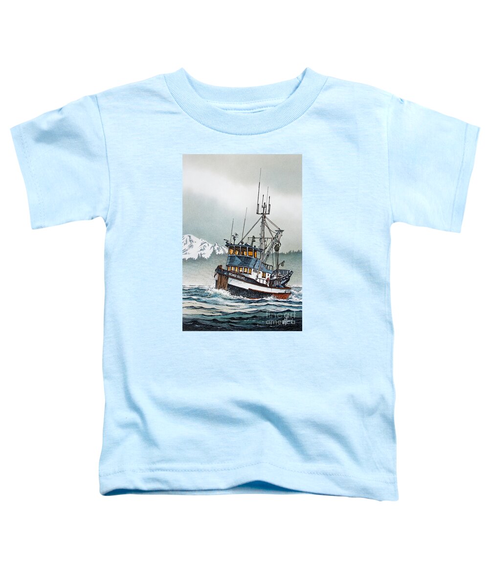 Fishing Toddler T-Shirt featuring the painting Fishing Vessel Home Shore by James Williamson