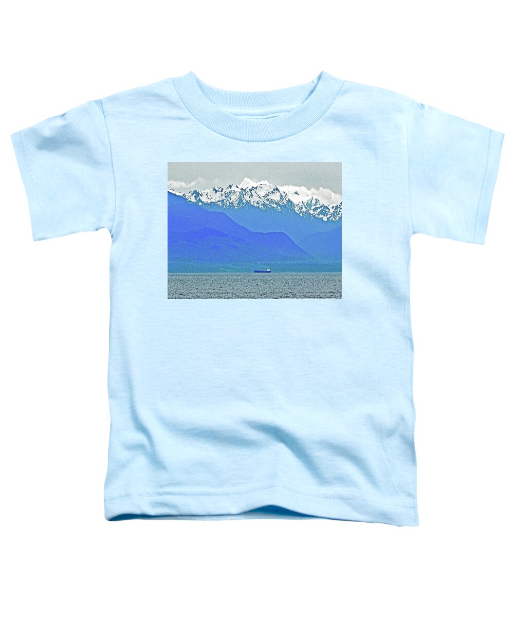 Olympic Mountains Toddler T-Shirt featuring the digital art Freighter Dwarfed by The Olympics by Gary Olsen-Hasek