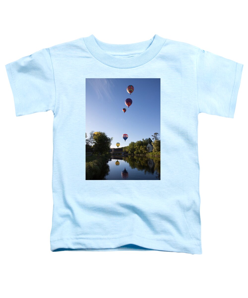Quechee Covered Bridge Toddler T-Shirt featuring the photograph Hot air balloons playing follow the leader by Jeff Folger
