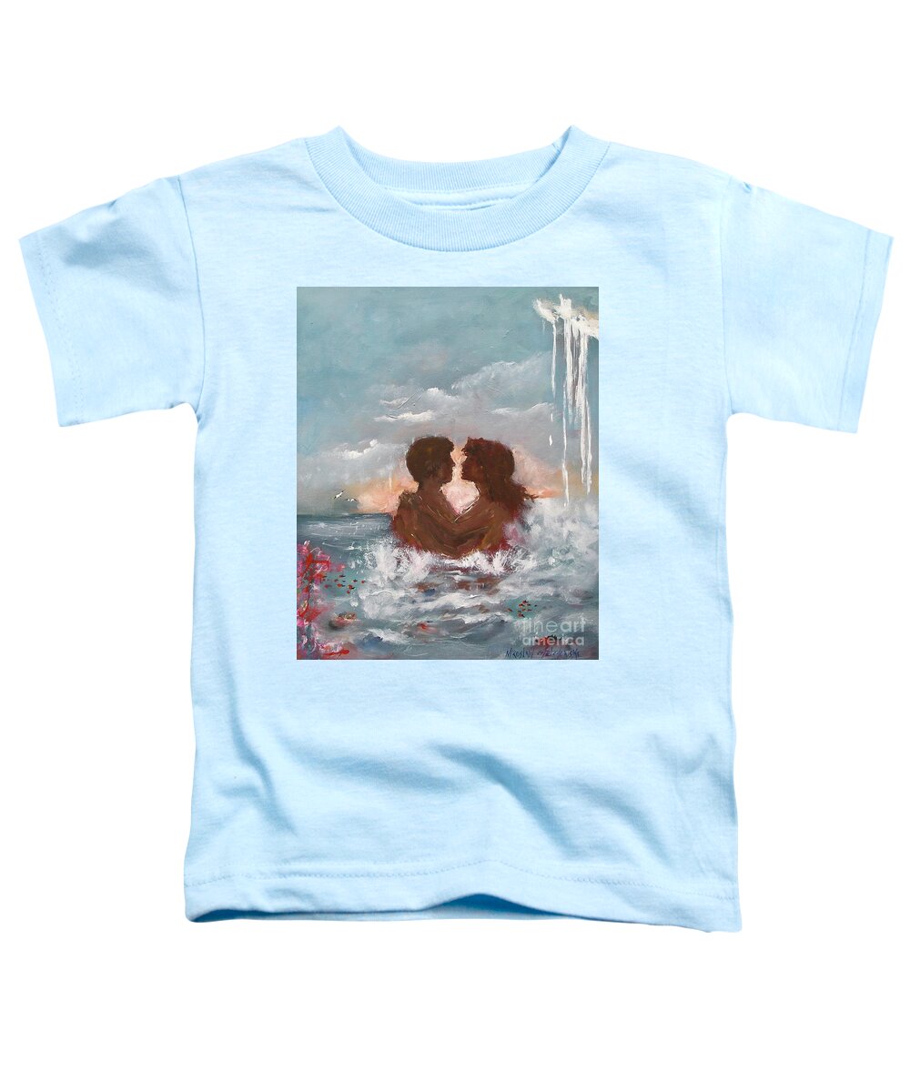 Lovers Ocean Wave Water Love Kiss Man Woman Sky Beach Blue Hug Vacation Relax Swim Fish Acrylic Painting On Canvas Print Romantic Toddler T-Shirt featuring the painting Lovers by Miroslaw Chelchowski