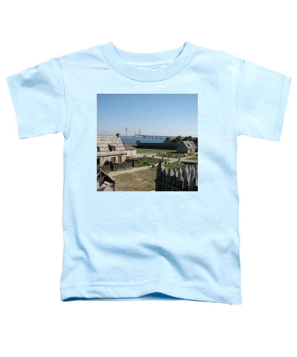 Colonial Michilmackinac Toddler T-Shirt featuring the photograph Michilimackinac and Mackinac Bridge by Keith Stokes