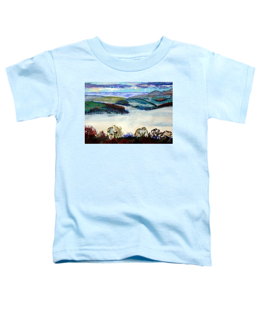 Morning Mist In The Exe Valley Toddler T-Shirt featuring the painting Mist in the Exe Valley in Exeter Devon by Mike Jory